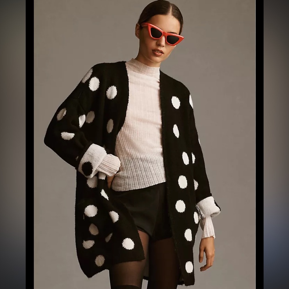 Maeve Anthropologie Polka Dot Cardigan Sweater Black White Knit XS/S oversized